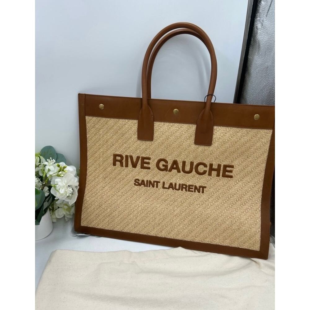 Women's Saint Laurent RIVE GAUCHE tote bag, natural sand RAFFIAN brick Leather